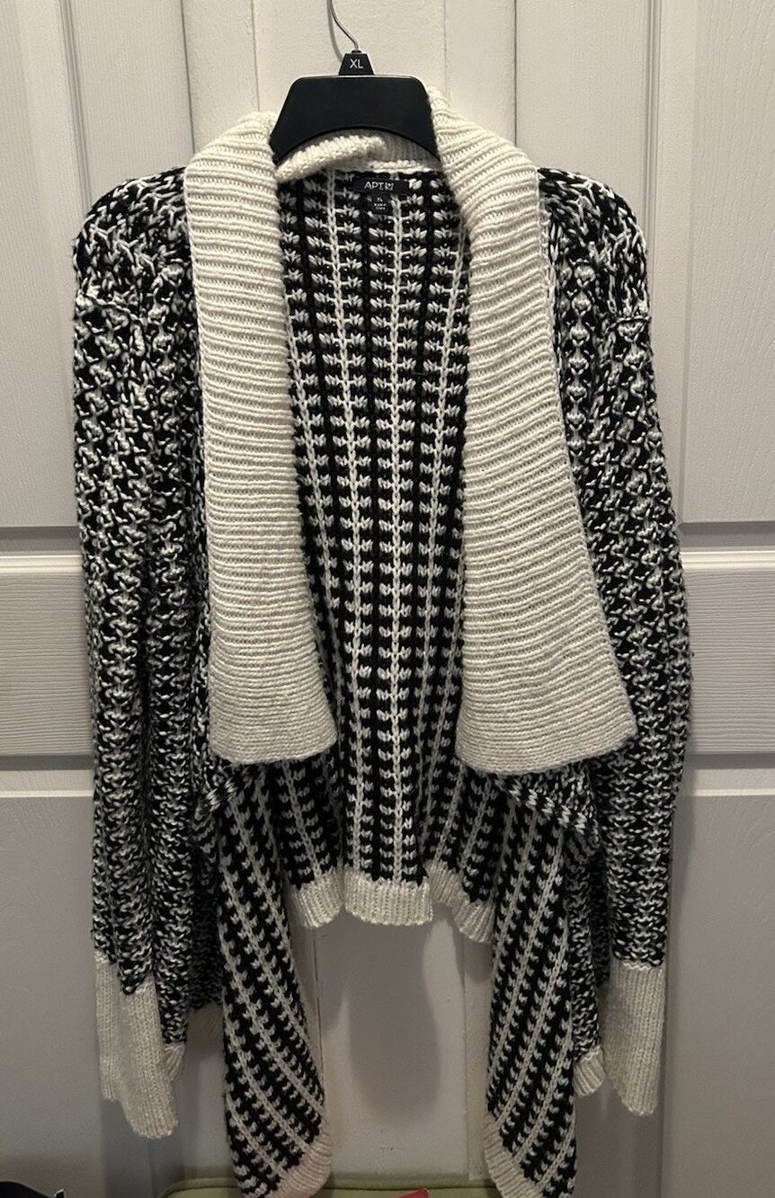 Apt 9 Black/Off White Chunky Open Cardigan Sweater XL Shawl Collar Waterfall Hem